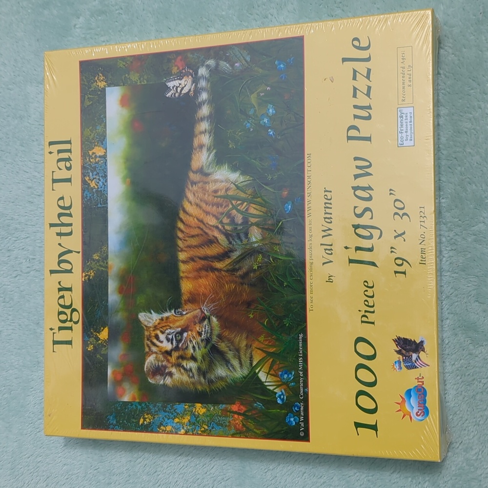 Suns Out 1000 piece jigsaw puzzle 19 x 30 by Val Warner titled Tiger by the Tail